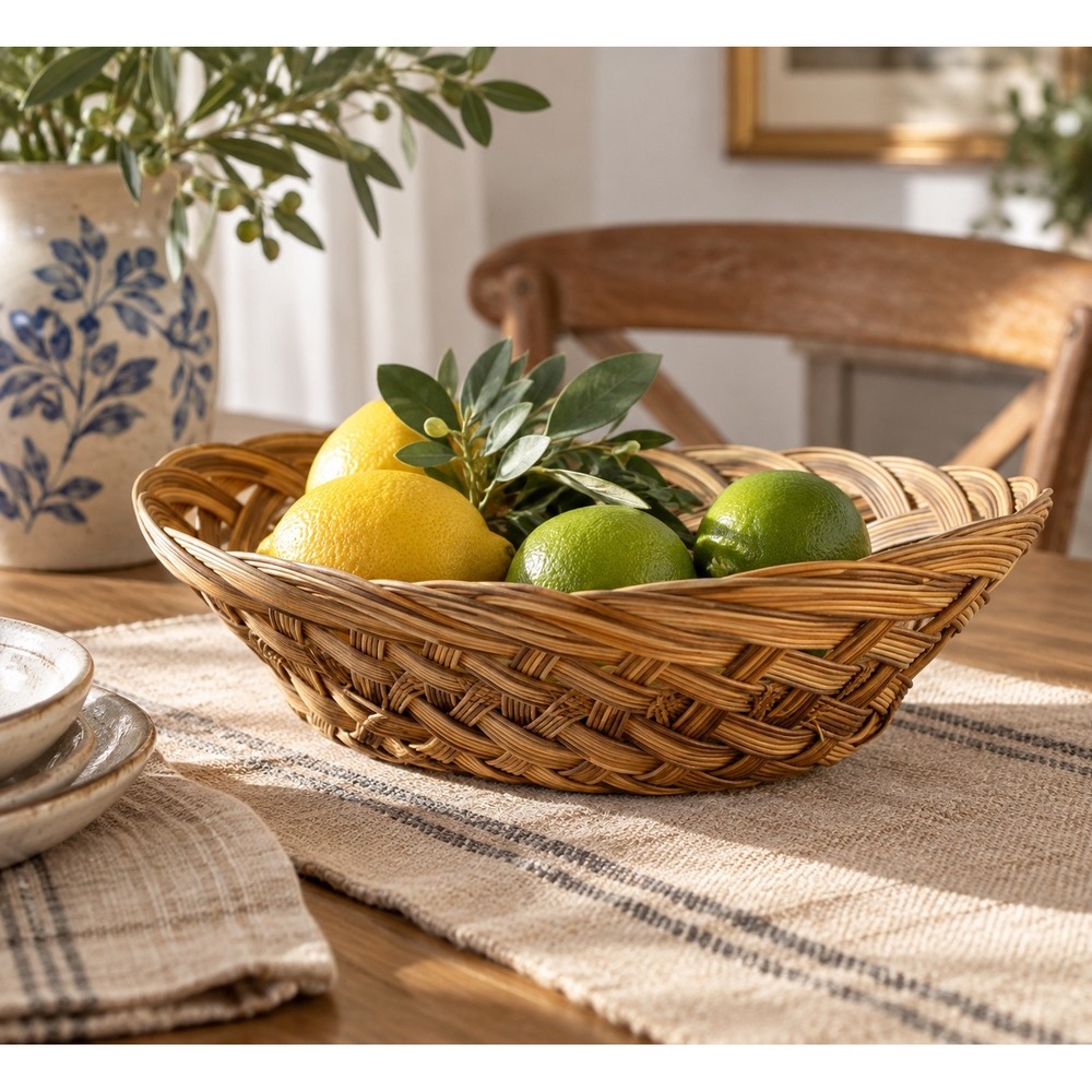 Vintage Woven Wicker Oval Fruit Basket Brown Boho Farmhouse Decor Bread Bowl